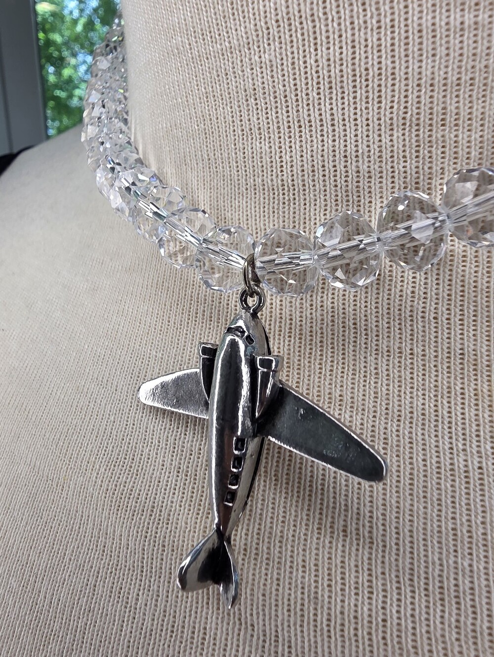 Silver Airplane Pendant Necklace with Clear Beads - Unisex Jewelry - Picture 5 of 14